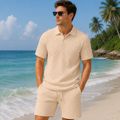 Men's Textured Polo Set Summer Casual Outfit